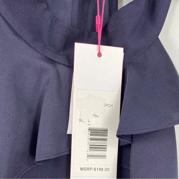 Parker Women’s Halter Neck Sleeveless Ruffle Front Blouse size L Navy Blue - Picture 2 of 3